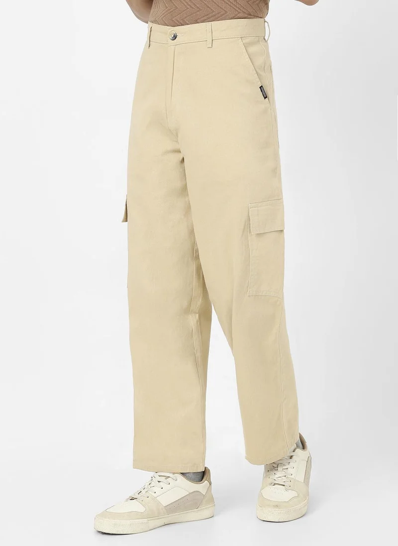 أوربانو فاشن Urbano Fashion Men's Beige Loose Baggy Fit Solid Cargo Chino Pant with 6 Pockets Non-Stretchable
